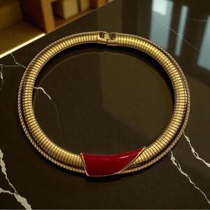 Vintage Monet 22k Gold Plated Brass Omega Choker Necklace with Red Enamel Accent